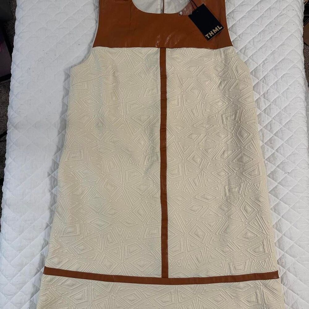 NWT THML Women's Cream and Tan vegan leather Dress quiet luxury fall elevated